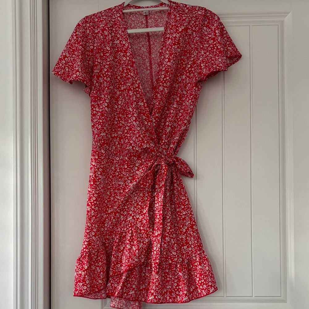 Red Floral Wrap Dress with Tie Waist